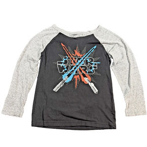 Boys Star Wars Long Sleeve Shirt Size 7 Black Lightsaber Graphic Gray Sleeves